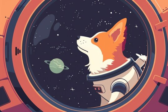 Corgi astronaut gazing at planet through spacecraft window