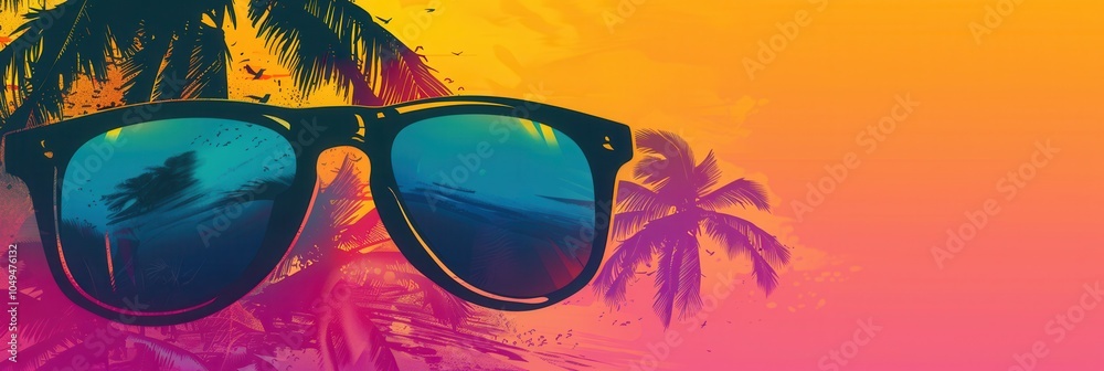 Poster silhouetted sunglasses stand out against a colorful beach sunset, framed by swaying palm trees and a