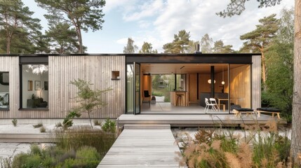 Fototapeta premium Modern Wooden Cabin with Large Windows and Deck in Forest Setting