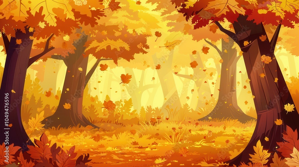 Aufkleber the golden autumn forest showcases trees adorned with bright, falling leaves, creating a serene and 
