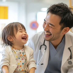 Fototapeta premium A young girl is smiling and laughing while a man in a white coat looks at her