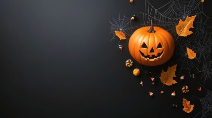 Create a spooktacular halloween scene with a smiling pumpkin surrounded by cobwebs and autumn leaves