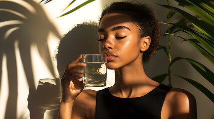 Woman enjoying a refreshing drink with soft shadows and plants