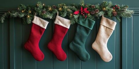 three stockings hanging on a wall with christmas lights