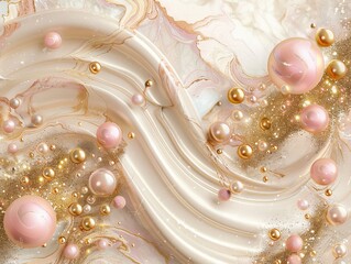 New Year's wallpaper in peach color with gold glitter and marble background, pink balls in beige and white with swirls with gold details