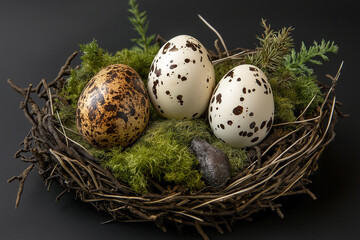 Fototapeta premium Speckled Grouse Eggs Nestled in a Bed of Pine Needles: A Delicate Display of Nature's Artistry