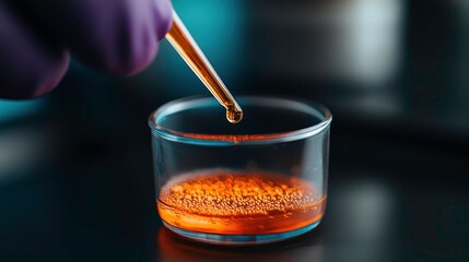 Scientist uses pipette to drop colorful liquid into glass container in laboratory experiment