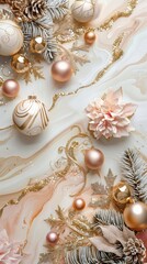 New Year's wallpaper in peach color with gold glitter and marble background, pink-beige and white balls with swirls, green fir branches and poinsettia.