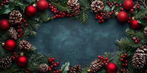 Fototapeta premium a wreath with pine cones, red balls and pine cones