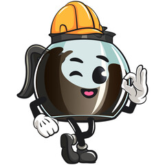 Obraz premium cool glass coffee pot cartoon mascot character vector illustration wear a construction worker's helmet, work of hand drawn