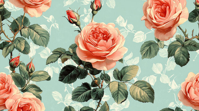 Elegant vintage floral pattern with blooming roses and lush green leaves on soft teal background, creating timeless and romantic atmosphere