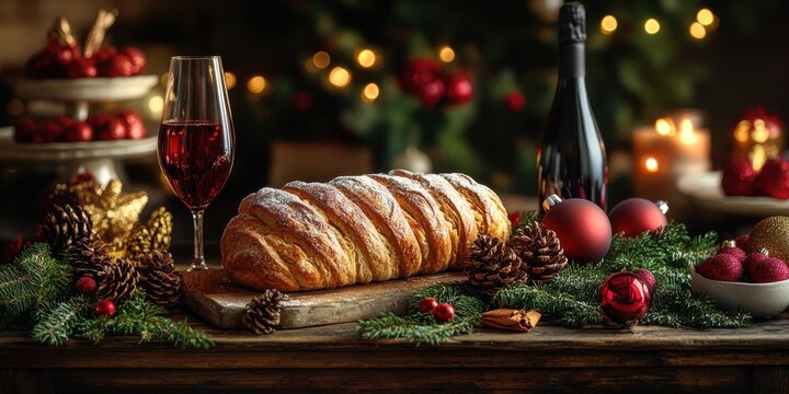 a table topped with a crois and a glass of wine