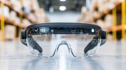 Innovative Warehouse Inventory Management with Smart Glasses Interface Displaying Augmented Information in High Resolution Editorial Style