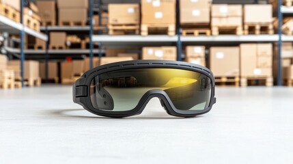 Advanced Smart Glasses Displaying Augmented Warehouse Inventory Data in Editorial Style