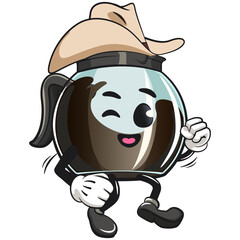 cool glass coffee pot cartoon mascot character vector illustration wearing a cowboy hat walking calmly, work of hand drawn