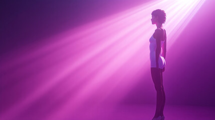 A woman stands in front of a purple background with a light shining on her