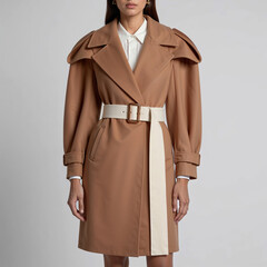 Vintage-Inspired Coat Dress with Oversized Lapels, Belt, and Subtle Shoulder Pads