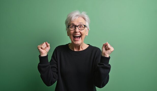Senior Woman with Joyful Expression Celebrating Victory against Green Background