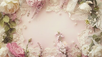 Beautiful peach background with gold glitter and marble background, pink balls of beige and white with swirls with gold details on fir branches, poinsettia, holly.