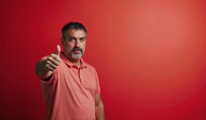 Obraz premium Middle-aged man with confident expression giving thumbs up against red background with copy space