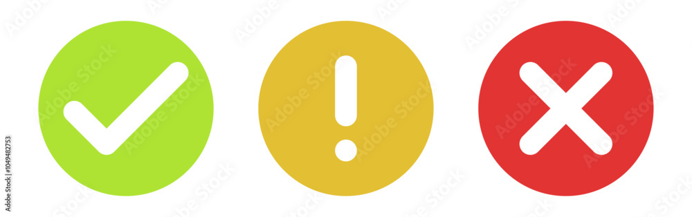 Aufkleber checkmark icon button with 3d exclamation mark icon correct incorrect and warning attention sign or check mark box frame with green tick and red cross symbols - yes or no icons buttons