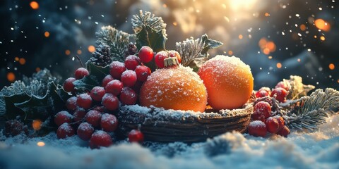 Fototapeta premium a basket of fruit and berries covered in snow