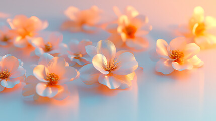 Naklejka premium Delicate peach blossoms softly illuminated, creating serene and dreamy atmosphere. gentle light enhances their ethereal beauty, evoking sense of tranquility and elegance