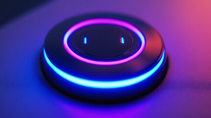 futuristic glowing button with vibrant blue and pink neon lights creates captivating and modern aesthetic. circular design is sleek and visually striking