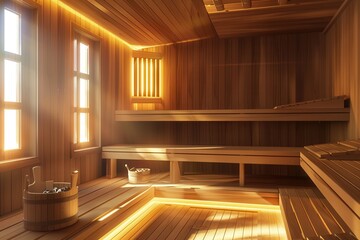 The traditional wooden sauna features benches and a steam area, illuminated by warm sunlight streaming through the windows. Generative AI