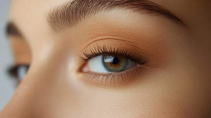 Obraz premium close up of womans eye showcases detailed makeup, highlighting natural beauty and elegance of her features. soft, warm tones create captivating and serene look