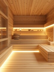 A traditional wooden sauna exudes warmth with softly lit interiors, inviting relaxation and tranquility in a serene environment. Generative AI