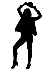 A silhouette of a woman joyfully dancing with hands raised high