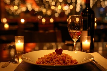 Romantic candlelit dinner with pasta and wine