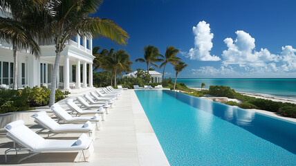 Luxurious poolside with white lounge chairs by the beach