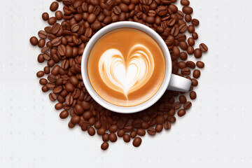 Obraz premium top view of white coffee cup with heart shape latte art and surrounded by roasted coffee beans on white background