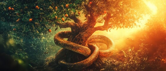 A mystical tree entwined with a serpent, illuminated by golden sunlight, evokes themes of nature, mythology, and transformation.