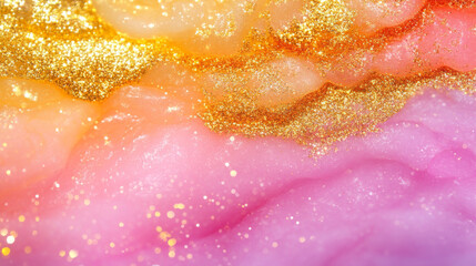 Fototapeta premium Vibrant pink and orange abstract texture with shimmering gold glitter creates dreamy, ethereal effect. colors blend seamlessly, evoking sense of warmth and creativity