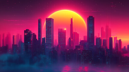 vibrant cityscape with futuristic skyline is illuminated by glowing sunset, casting pink and orange hue over tall buildings. scene evokes sense of wonder and modernity