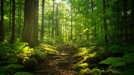 Obraz premium serene forest path is illuminated by dappled sunlight filtering through lush green leaves, creating peaceful and inviting atmosphere. trail is lined with moss covered rocks and tall trees