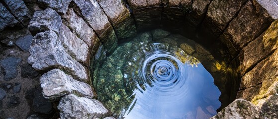 A circular stone well filled with clear water, featuring gentle ripples on the surface, surrounded by a rustic stone structure.