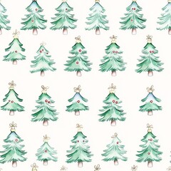 Fototapeta premium Delicate watercolor Christmas tree ornaments in soft pastel colors, arranged on a light background, minimalist style, seamless pattern