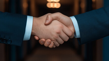 Sealed Deal: A powerful close-up shot of two businessmen shaking hands, symbolizing trust, partnership, and the successful culmination of a deal. The blurred background adds depth and intrigue.