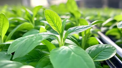 Obraz premium Green leaves in a greenhouse.