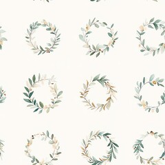 Simple watercolor Christmas wreaths, muted green and gold, soft focus, on a plain cream background, seamless repeat
