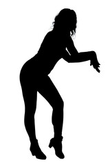 A graceful silhouette of a woman elegantly dancing on a bright white background