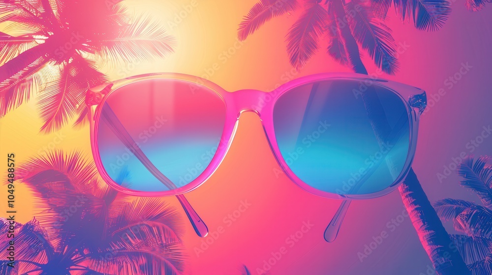 Aufkleber A pair of sunglasses stands out in front of a colorful beach backdrop with palm trees as the sun sets in the distance. Generative AI
