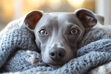 A close-up of a greyhound&rsquo;s face, lying on a soft grey knitted blanket. Its wide, expressive eyes stare with curiosity and warmth