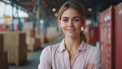 Fototapeta premium Caucasian Woman Shipping Coordinator - woman, smiling, warehouse, logistics, confident, business attire, professional, casual, portrait, daylight, happy, friendly, arms crossed, industrial