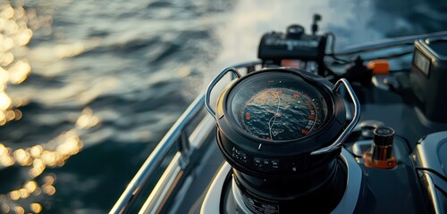 Fototapeta premium Digital compasses aid fishing boats in locating optimal fishing areas via sonar.