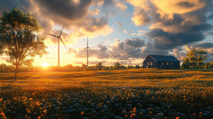 Houses on the grassland and wind turbines in the distance